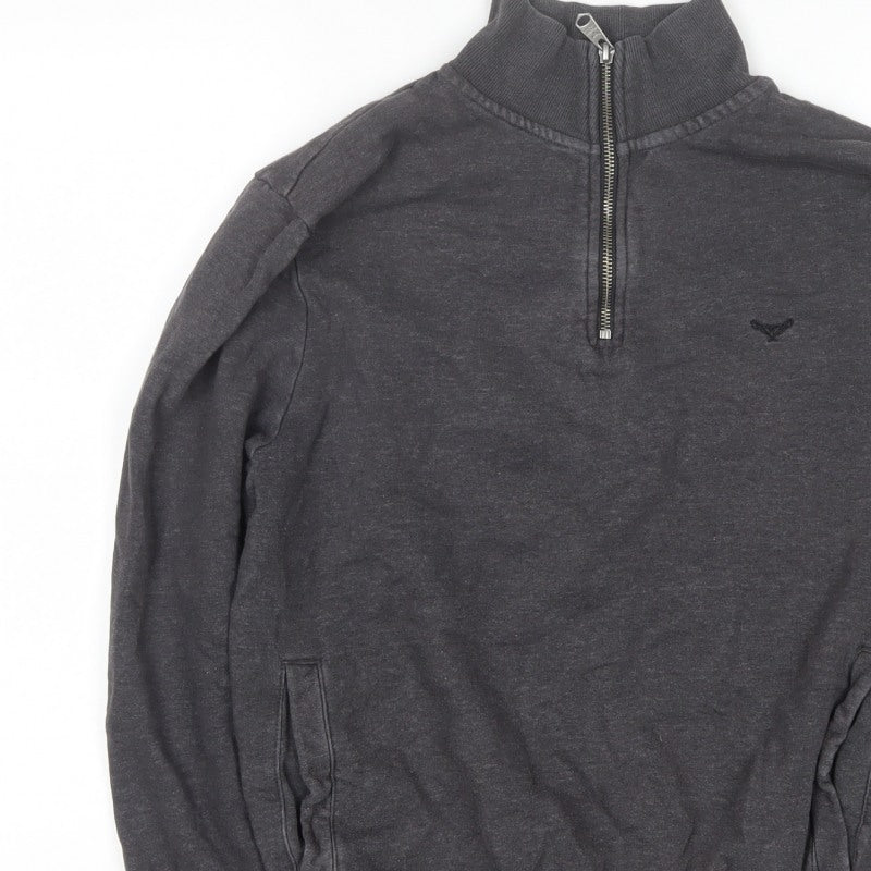 Threadbare Men’s Grey S 1/4 Zip High Neck Sweatshirt Pockets