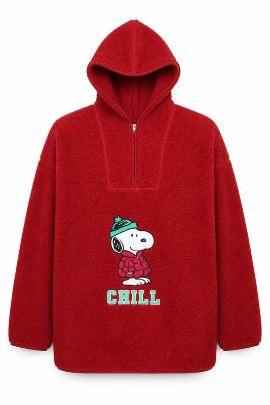 Peanuts Men’s Red Snoopy Chill M Sherpa Fleece Half Zip Hoodie