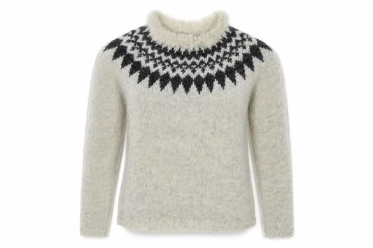 Icelandica Women’s Beige Black Fair Isle Wool Fur Trim Jumper Size L