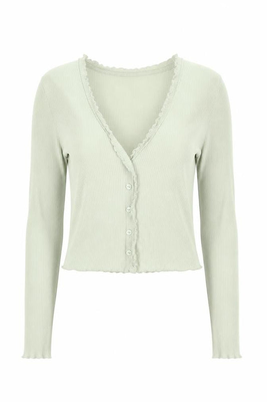 Monki Women Green S Cropped Ribbed V-Neck Button-Up Long Sleeve Top