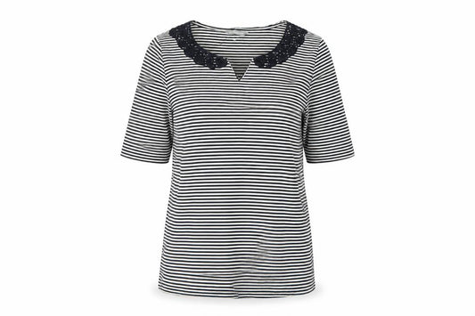 Marks and Spencer Women Blue Striped Lace V-Neck Jersey Top UK 12