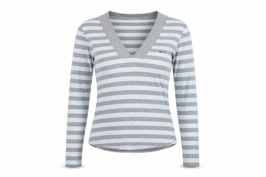 Nike Women Grey White Striped UK 10 V-Neck Long Sleeve Active Top