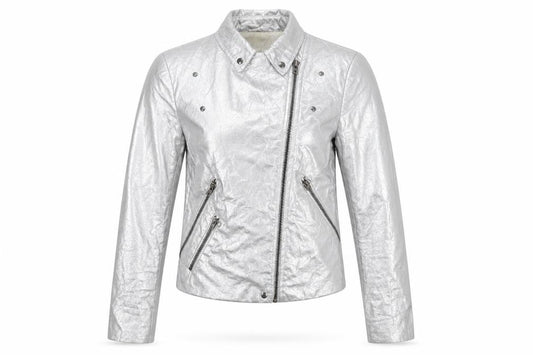 Zara Basic Women Silver M Metallic Biker Jacket Zip Pockets