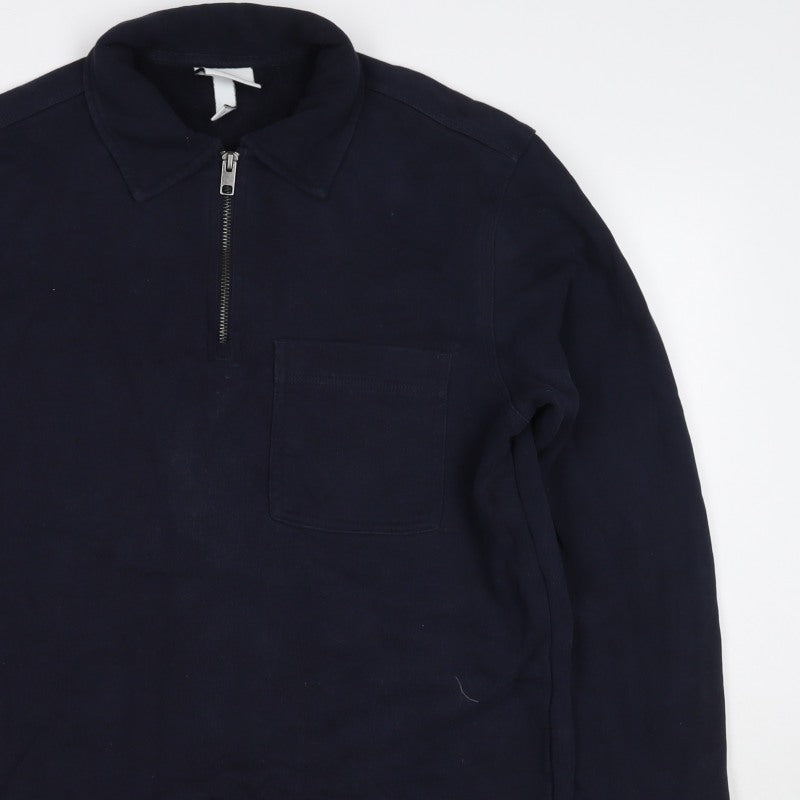 H&M Men's Navy Blue S Regular Fit 1/4 Zip Collared Cotton Sweatshirt