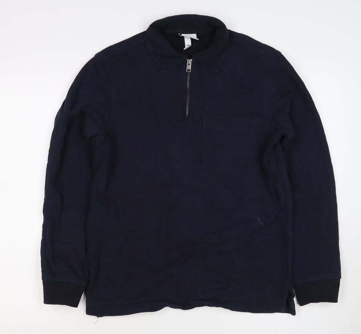 H&M Men's Navy Blue S Regular Fit 1/4 Zip Collared Cotton Sweatshirt