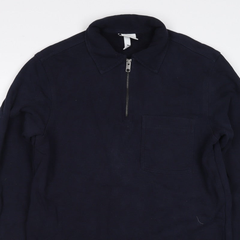 H&M Men's Navy Blue S Regular Fit 1/4 Zip Collared Cotton Sweatshirt