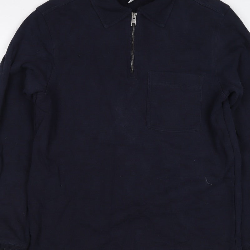 H&M Men's Navy Blue S Regular Fit 1/4 Zip Collared Cotton Sweatshirt