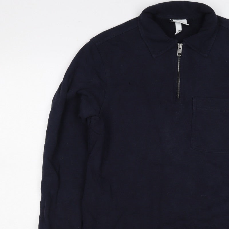 H&M Men's Navy Blue S Regular Fit 1/4 Zip Collared Cotton Sweatshirt