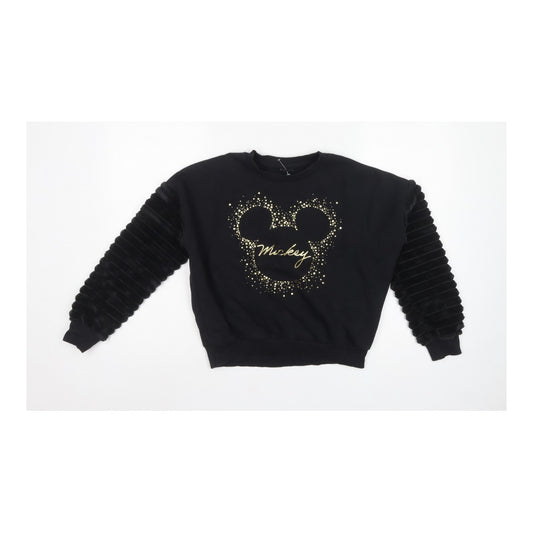 Disney Girls Black Mickey Mouse Gold Graphic Fur Sleeve Sweatshirt 11-12 Years
