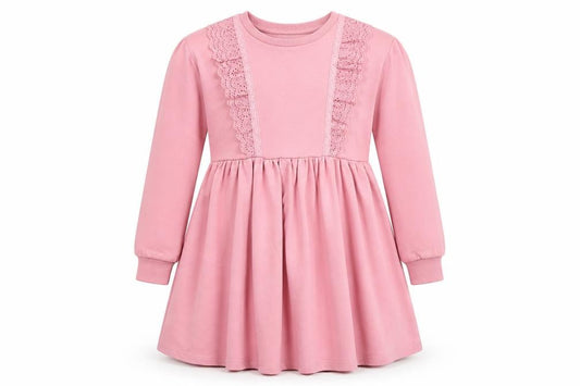 George Girls Pink 7-8 Years Skater Dress Lace Trim Long Sleeve