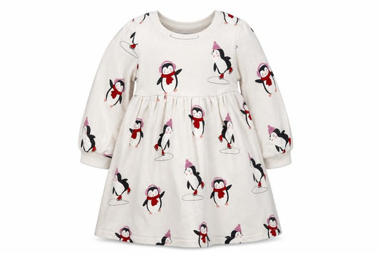 M&S Girls Ivory Penguin Fit & Flare Jersey Dress 12-18 Months