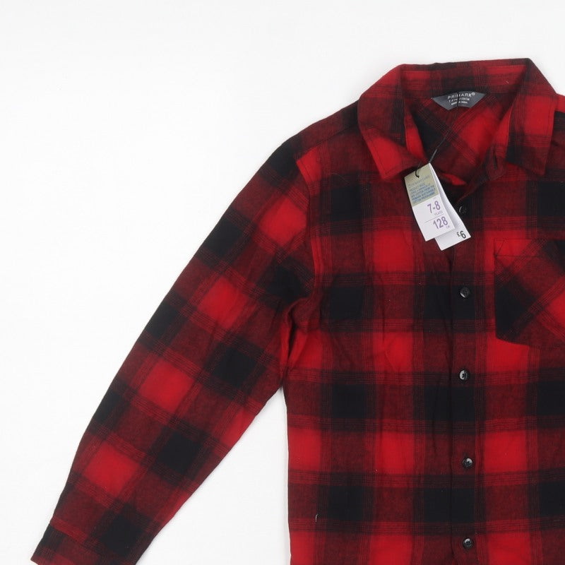 Primark Boys Red Black Check Flannel Shirt 7-8 Years Long Sleeve