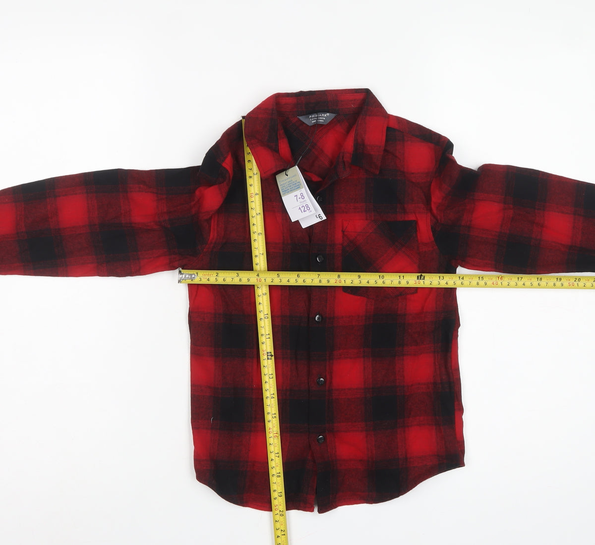 Primark Boys Red Black Check Flannel Shirt 7-8 Years Long Sleeve