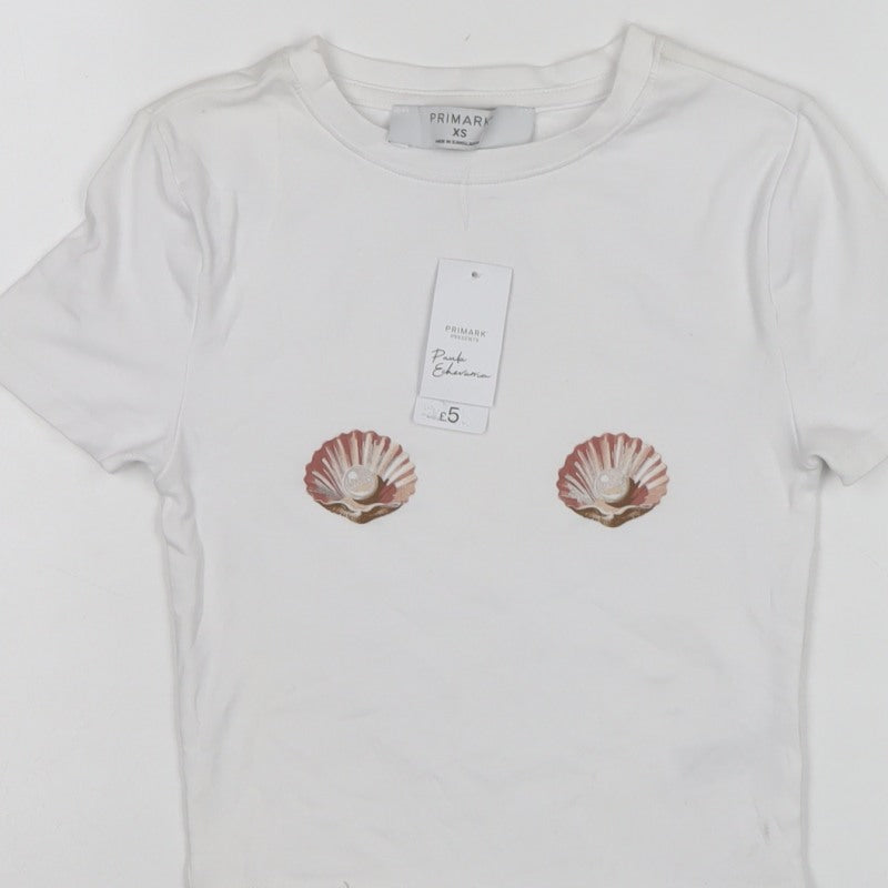 Primark Women White XS Shell Print Puff Sleeve Stretch T-Shirt