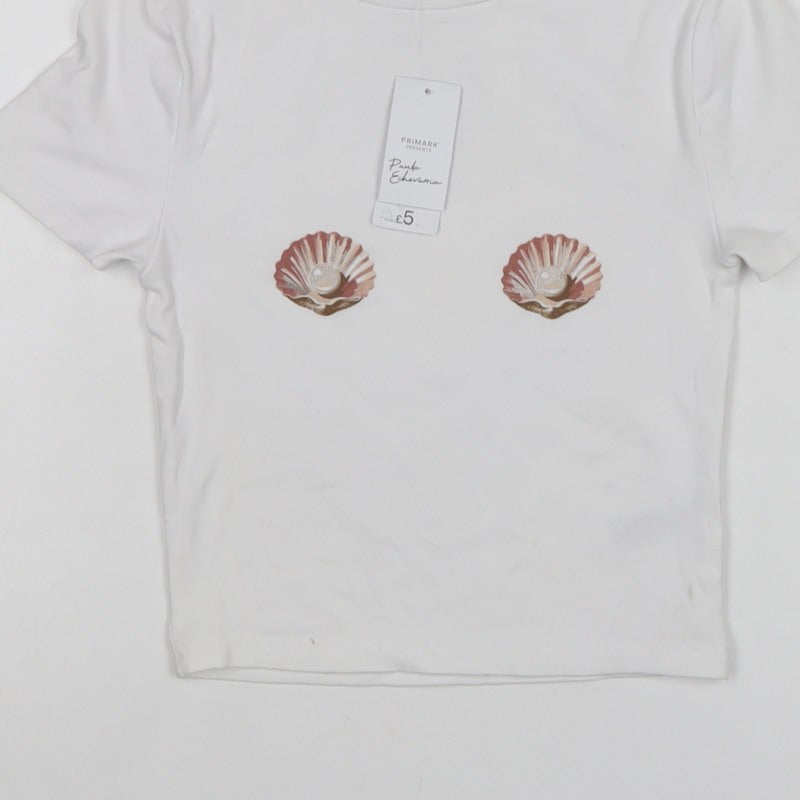 Primark Women White XS Shell Print Puff Sleeve Stretch T-Shirt