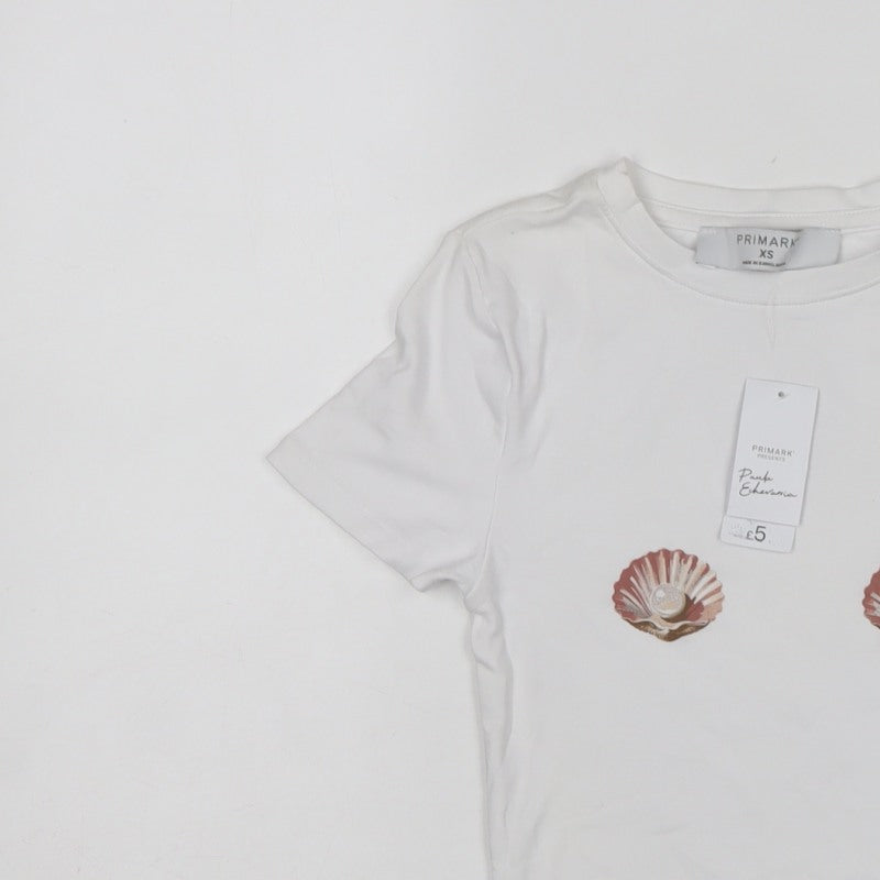 Primark Women White XS Shell Print Puff Sleeve Stretch T-Shirt