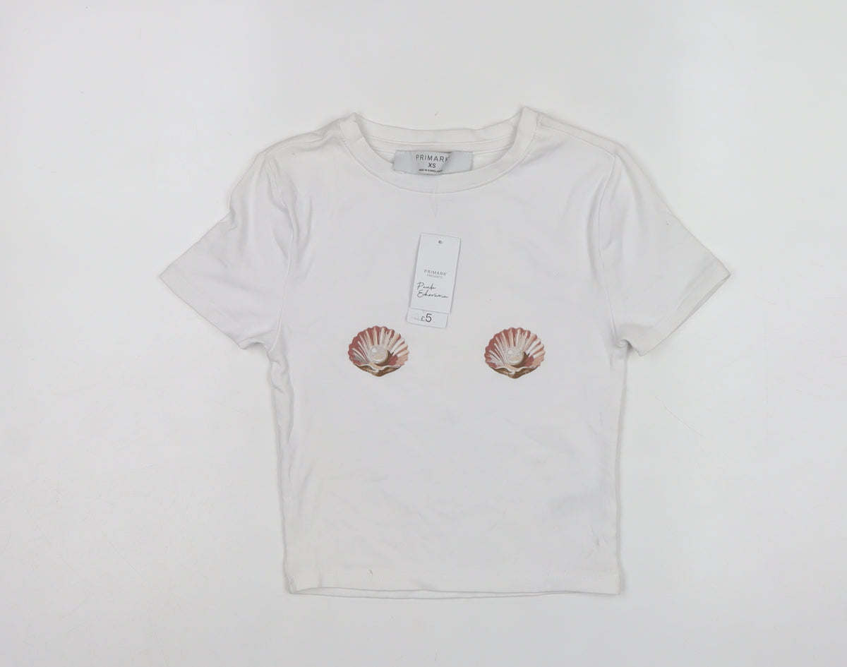 Primark Women White XS Shell Print Puff Sleeve Stretch T-Shirt