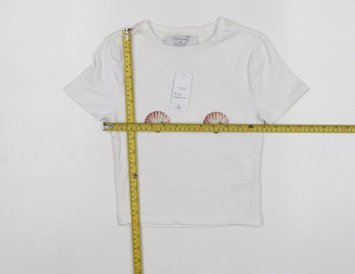 Primark Women White XS Shell Print Puff Sleeve Stretch T-Shirt