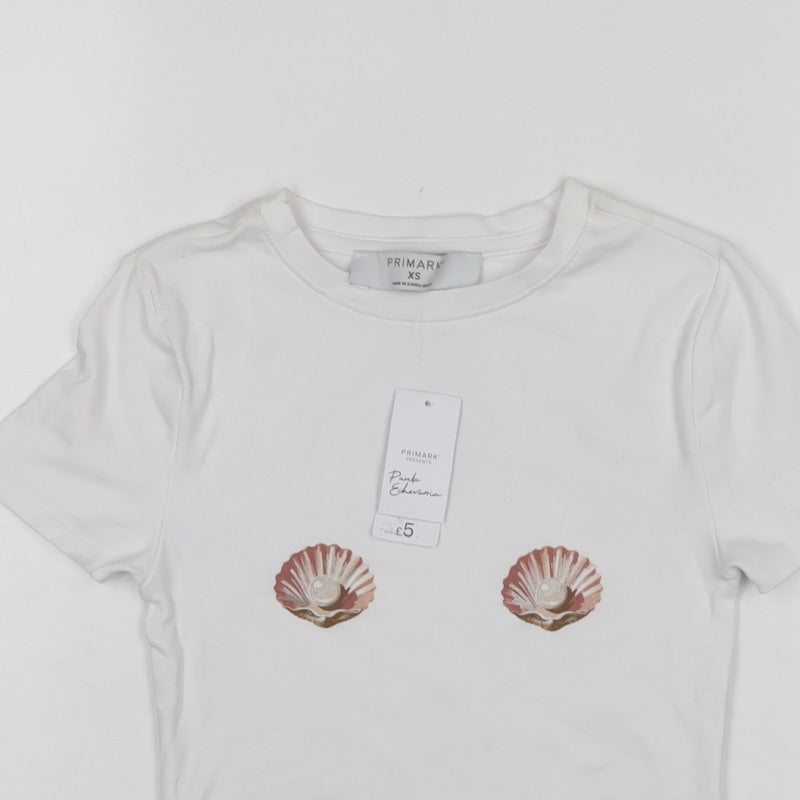 Primark Women White XS Shell Print Puff Sleeve Stretch T-Shirt