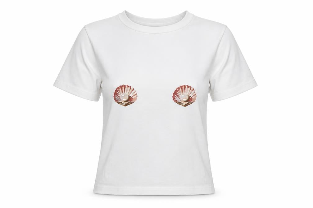 Primark Women White XS Shell Print Puff Sleeve Stretch T-Shirt