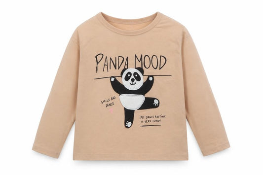 Zara Girls Beige 5-6 Years Panda Mood Long Sleeve Graphic T-Shirt