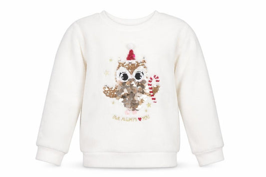 H&M Girls White 3-4 Years Pullover Sweatshirt Sequin Christmas Owl