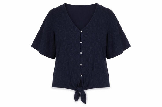 George Women Blue UK 14 V-Neck Tie Hem Eyelet Button Blouse