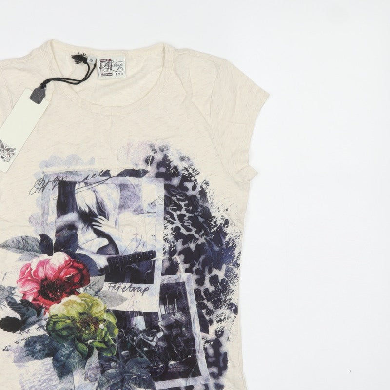 Firetrap Women Ivory S Basic Floral Leopard Graphic Cotton T-Shirt