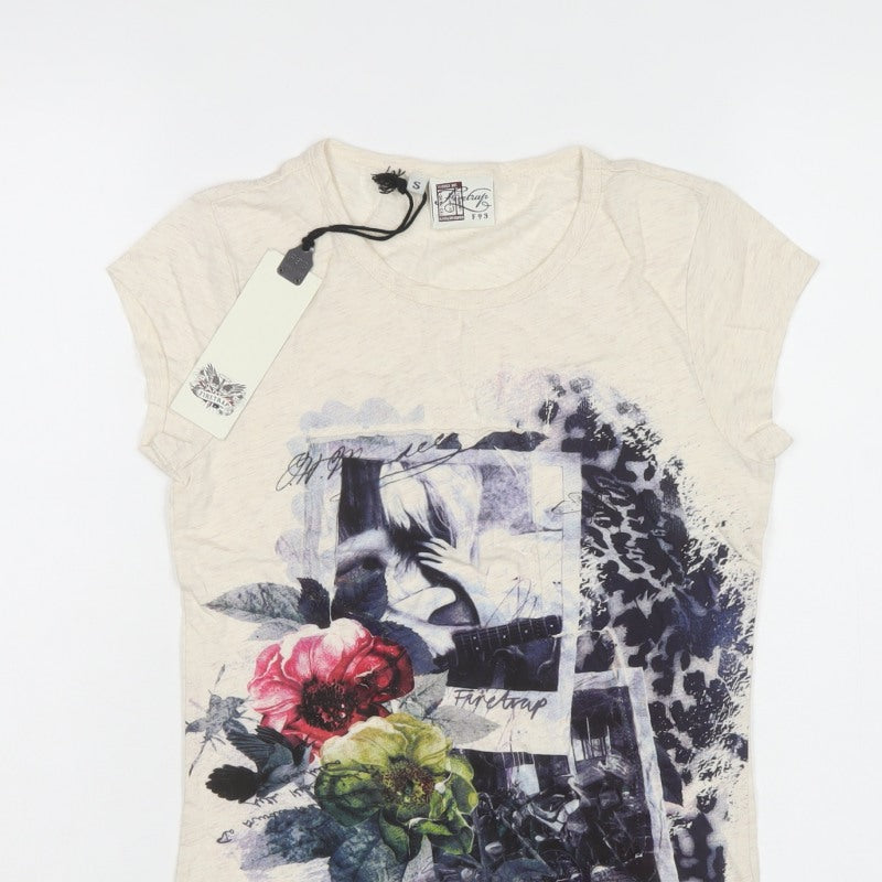Firetrap Women Ivory S Basic Floral Leopard Graphic Cotton T-Shirt
