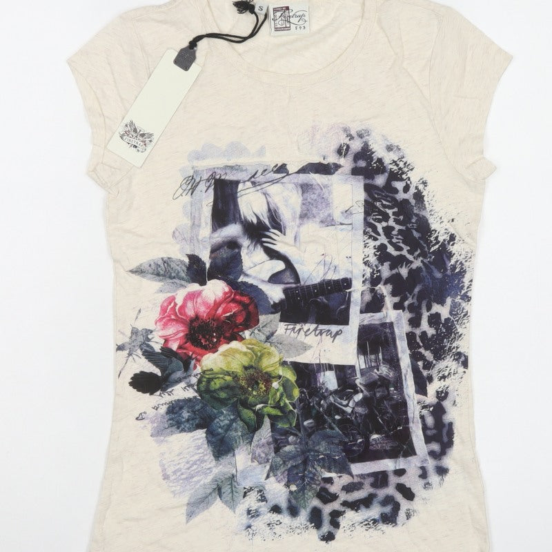 Firetrap Women Ivory S Basic Floral Leopard Graphic Cotton T-Shirt