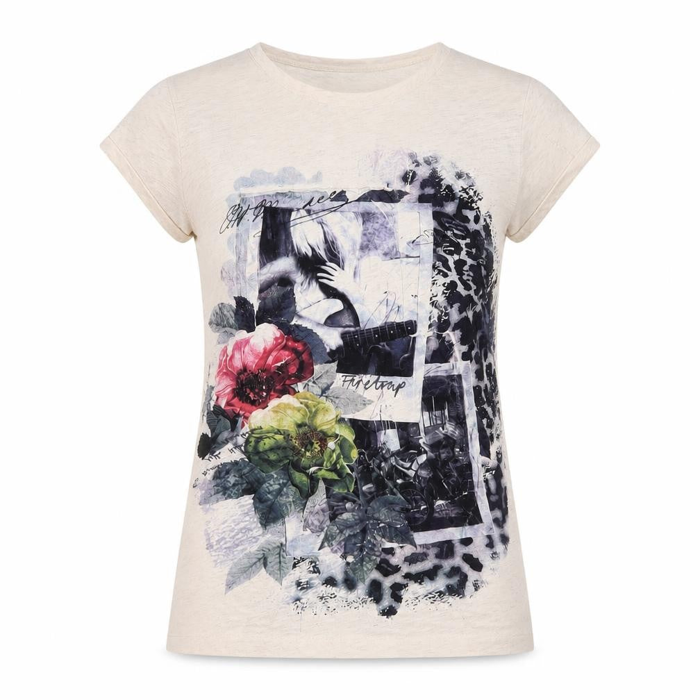 Firetrap Women Ivory S Basic Floral Leopard Graphic Cotton T-Shirt