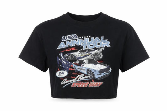 H&M Divided Women Black M Cropped USA Speedway Graphic T-Shirt