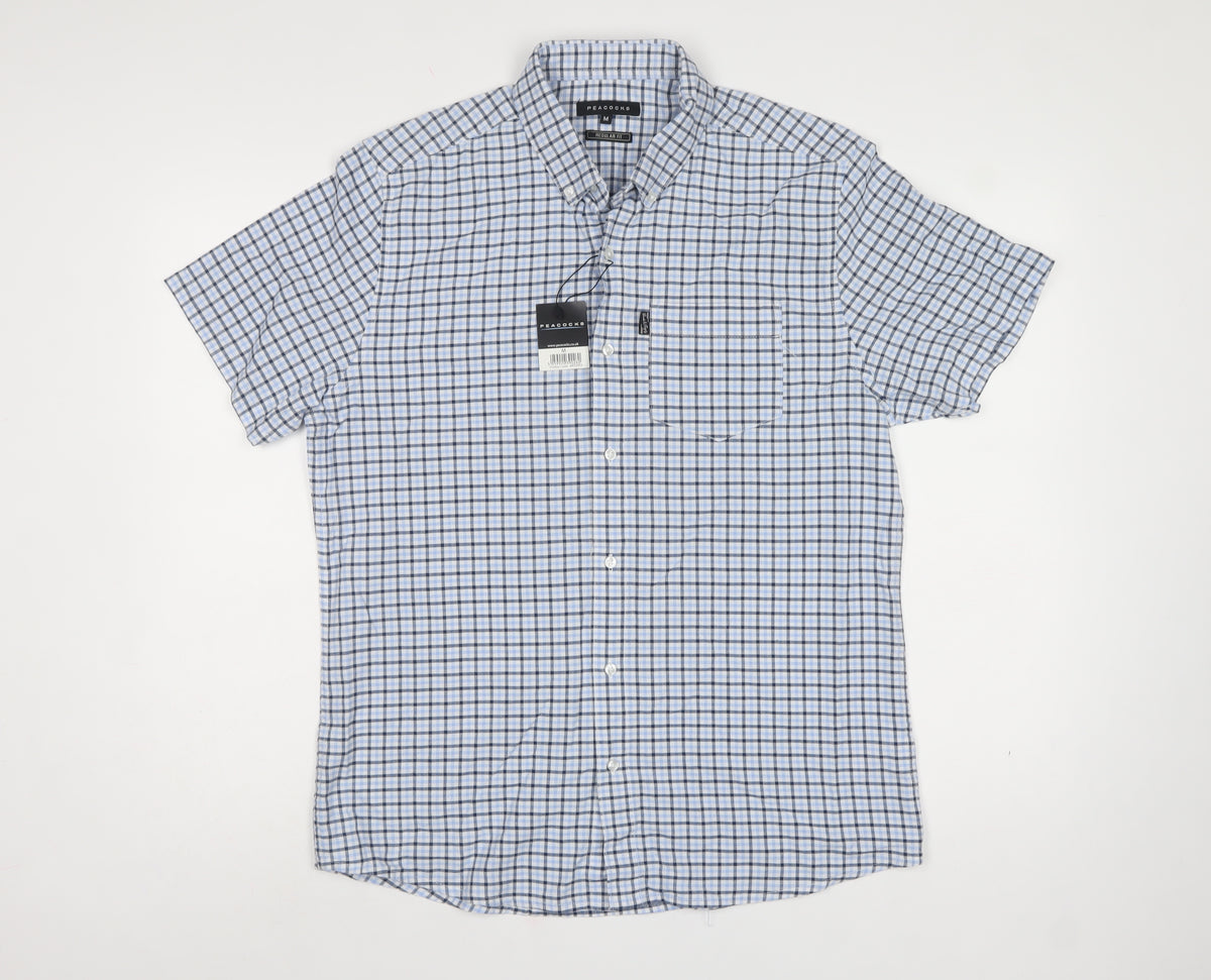 Peacocks Men Blue Check Cotton Button-Down Short Sleeve Shirt M