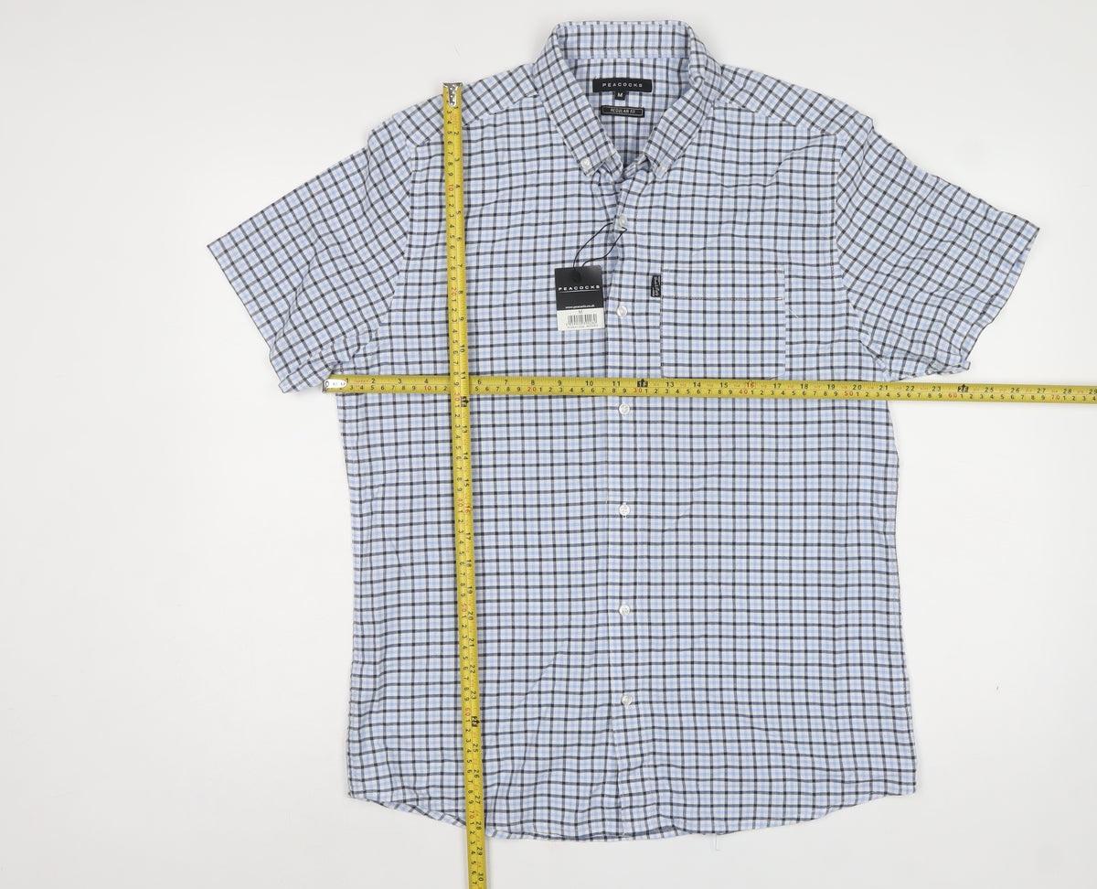Peacocks Men Blue Check Cotton Button-Down Short Sleeve Shirt M
