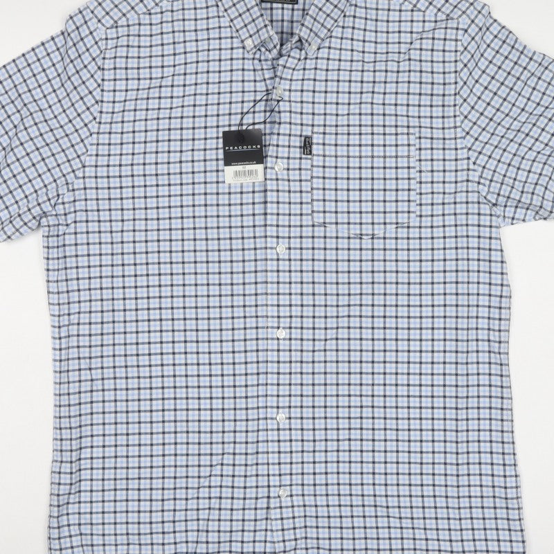 Peacocks Men Blue Check Cotton Button-Down Short Sleeve Shirt M