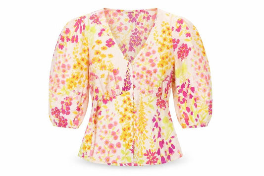 Everbelle Women Multicoloured UK 6 Floral Cotton V-Neck Puff Blouse