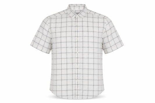 Next Men White Grey Check Linen Blend Short Sleeve Shirt M