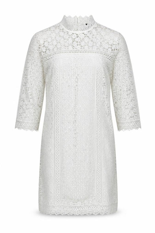 ADIVA Women White Lace Floral Sheath Dress L High Neck Bell Sleeve
