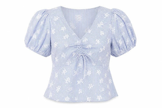 George Women Blue UK 12 Striped Embroidered Puff Sleeve V-Neck Blouse