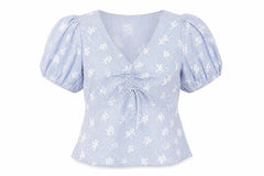 George Women Blue UK 12 Striped Embroidered Puff Sleeve V-Neck Blouse