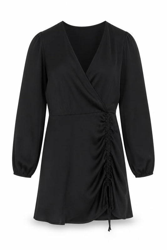 Quiz Women Black UK 14 Wrap Dress Ruched V-Neck Balloon Sleeves