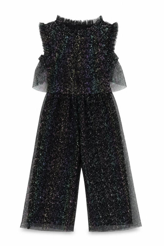 Nutmeg Girls Black Multicoloured Glitter Mesh Jumpsuit 8-9 Years Party