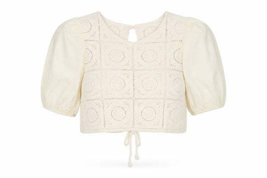 ONLY Women Ivory L Cropped Crochet Puff Sleeve Tie Blouse Boho