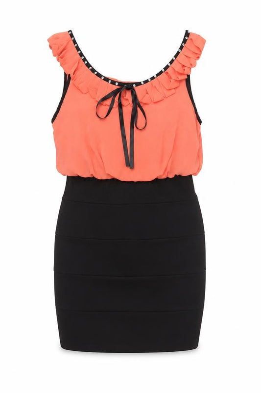Miso Women’s Coral Black UK 10 Bodycon Knee Dress Ruffle Rhinestone