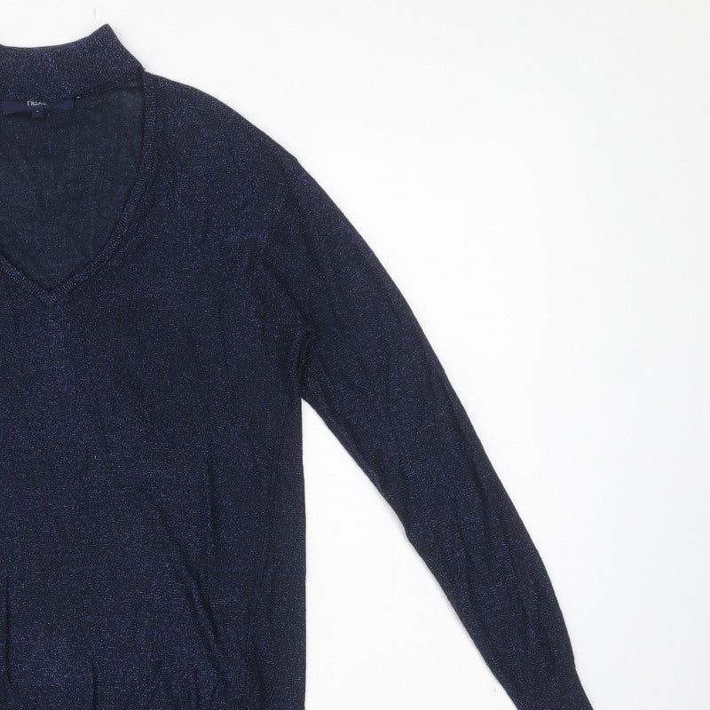 Next Women's Blue Size 6 Metallic V-Neck Knit Pullover Jumper