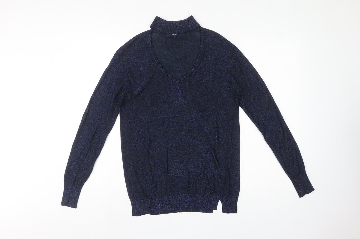 Next Women's Blue Size 6 Metallic V-Neck Knit Pullover Jumper