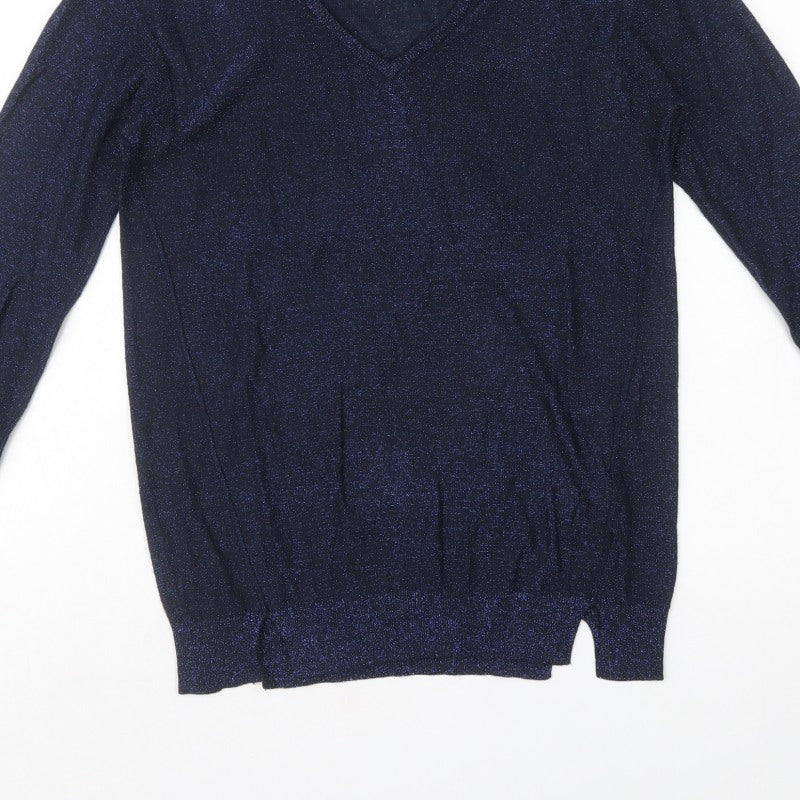 Next Women's Blue Size 6 Metallic V-Neck Knit Pullover Jumper