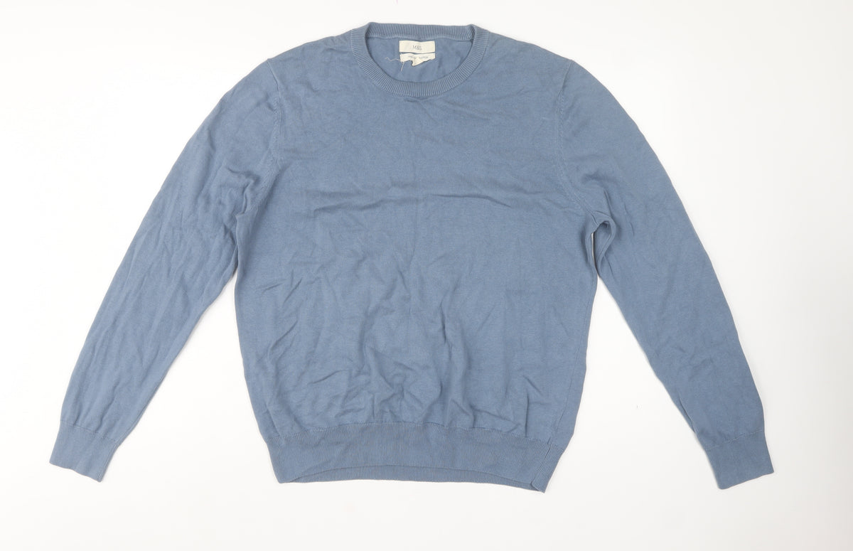 Marks and Spencer Men Blue L Fine Pure Cotton Crew Neck Jumper