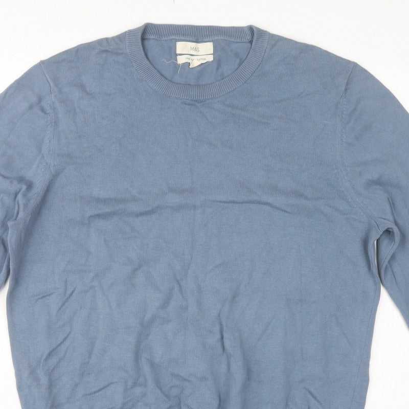 Marks and Spencer Men Blue L Fine Pure Cotton Crew Neck Jumper