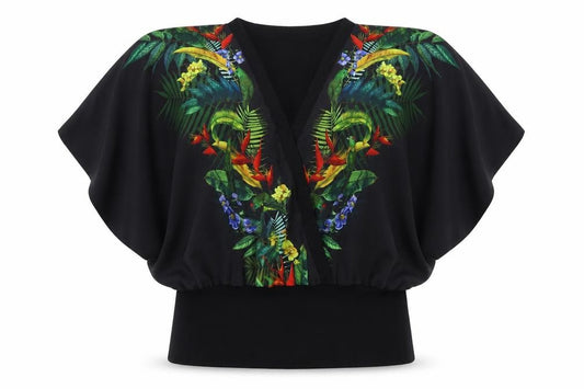 Oasis Women’s Black L Tropical Bird Floral Kimono Blouse Batwing V-Neck